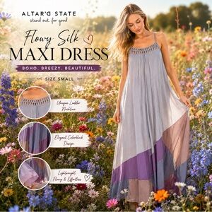 Altar’d State Flowy Silk Boho Grey Maxi Dress Size Small Like New